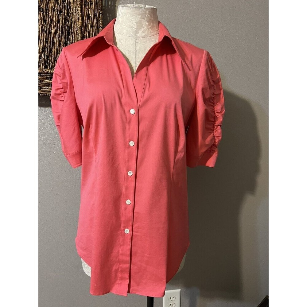 Lafayette 148 NY Shirt Coral 6 Small Short Ruched Sleeve Stretch Cotton - Picture 4 of 10